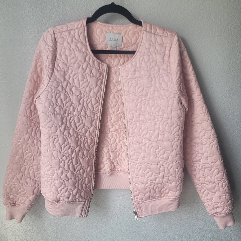 Guess Kinley Floral Quilted Satin Bomber Jacket Size XSmall In Soft Pink